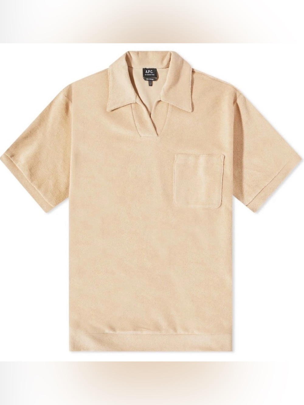 A.P.C. Mens Beige Terry Cloth Polo with Chest Pocket, Size Large